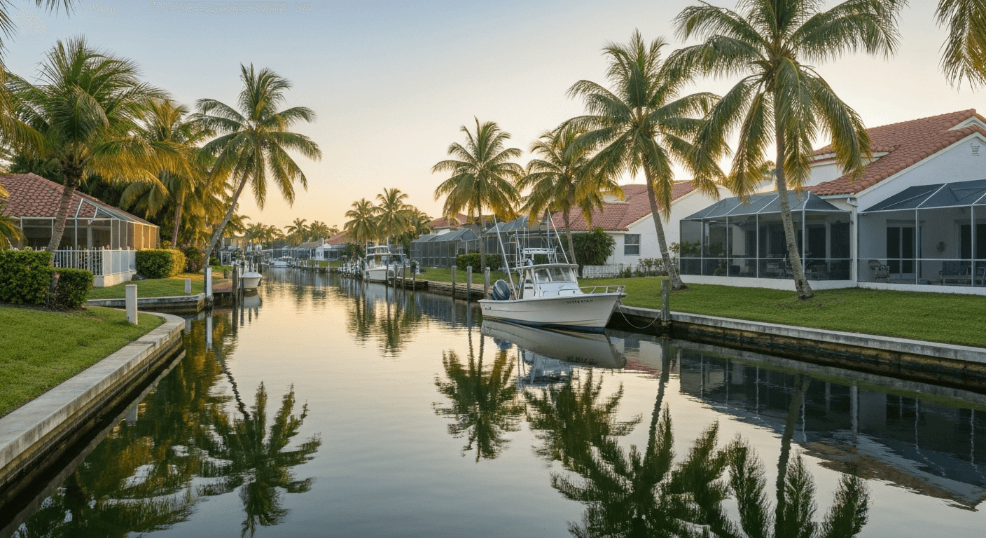 Fishing boat on a Cape Coral Florida canal with palm trees and waterfront homes