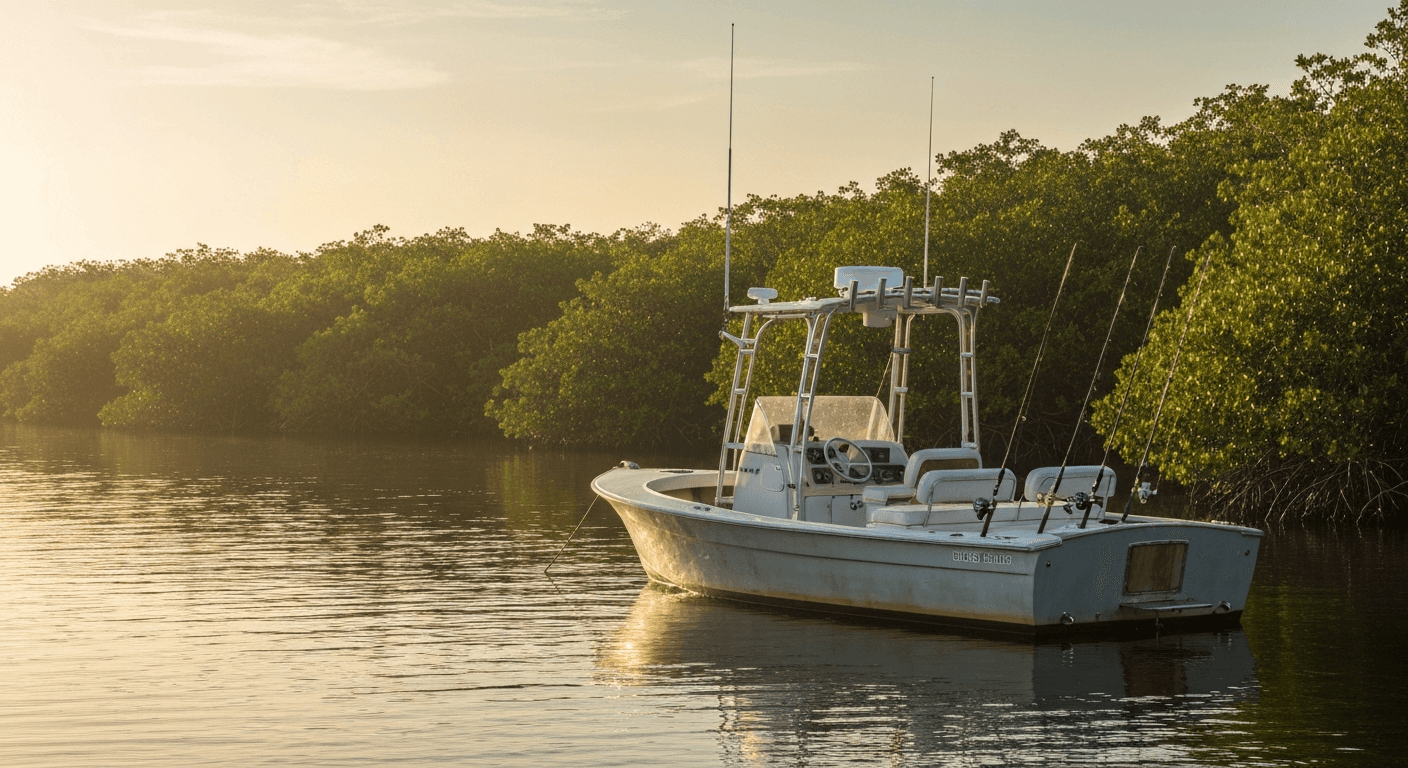 Fishing boat and anglers on the Caloosahatchee River in Fort Myers Florida