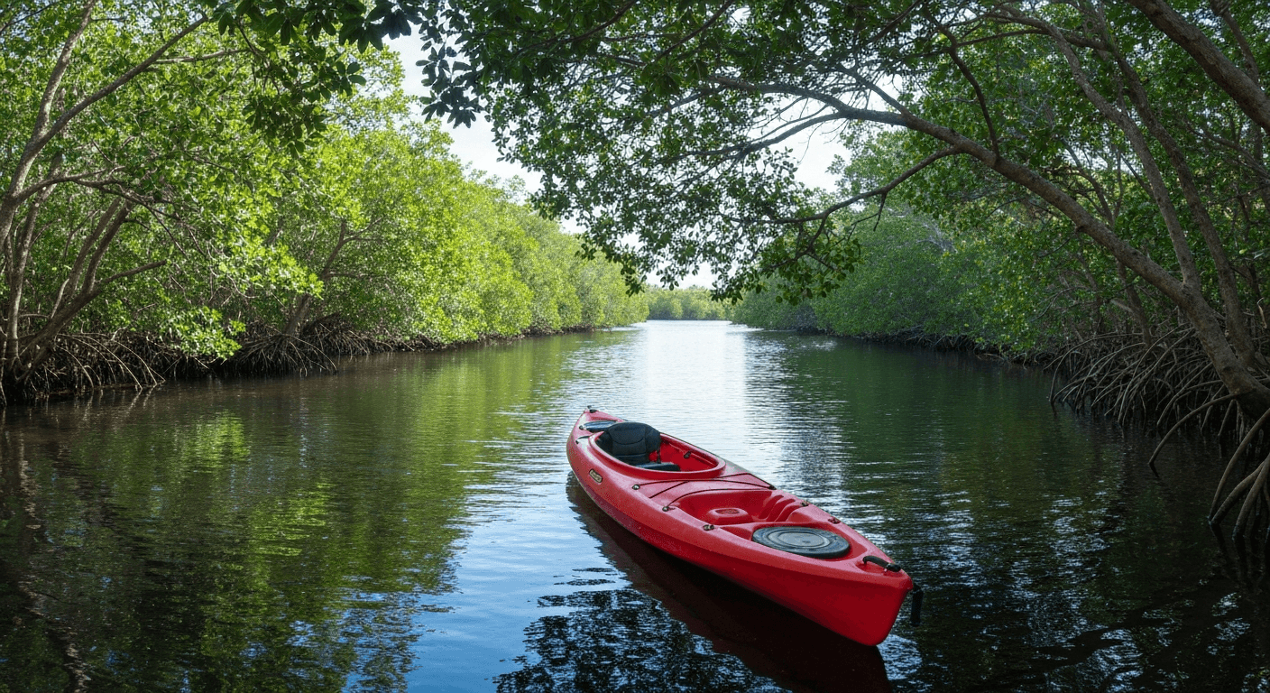Kayaker paddling through mangrove creeks at Four Mile Cove in Cape Coral Florida