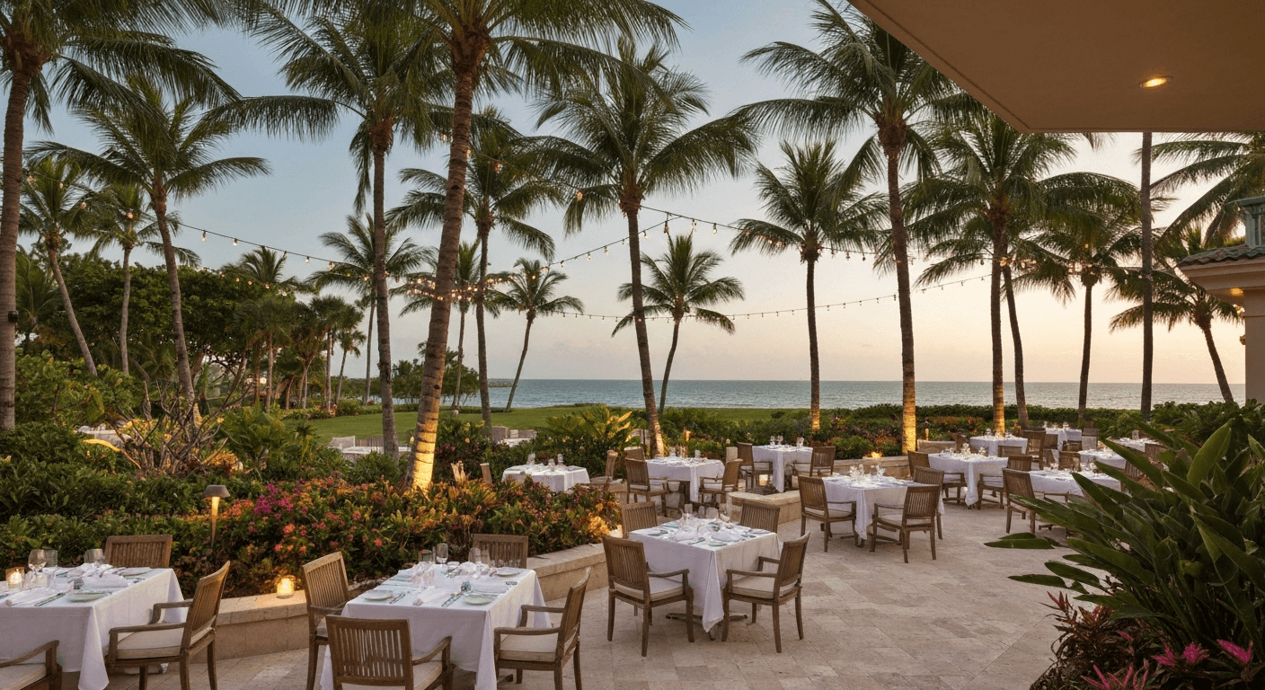 Outdoor dining at Naples Grande Beach Resort with tropical landscaping