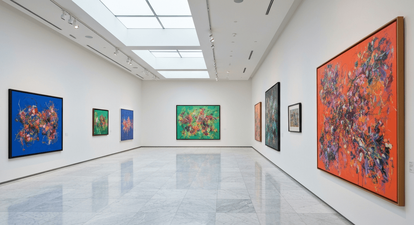 Elegant art museum gallery in Naples Florida with rain visible through windows