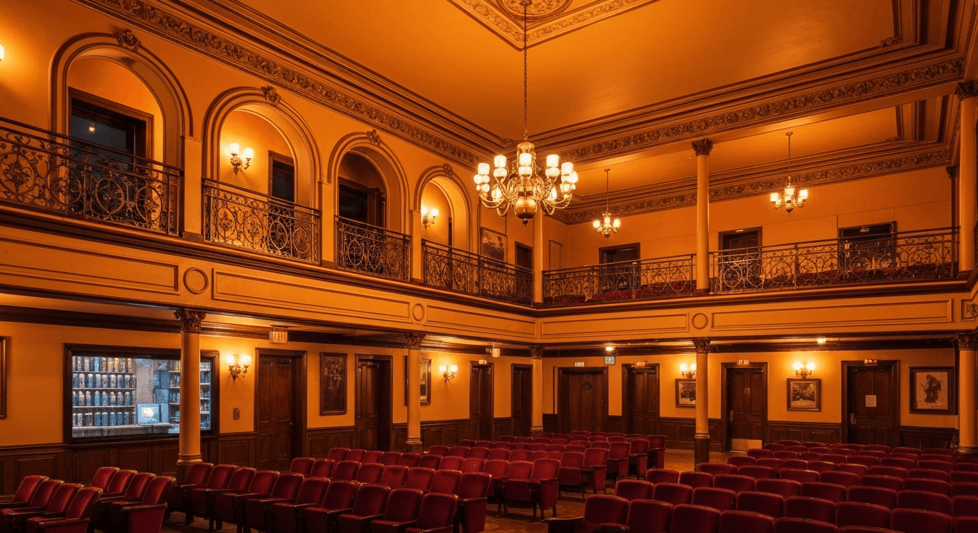 Venice Theatre interior lobby in Venice Florida with show posters and warm lighting