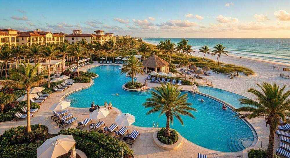 Beachfront resort on Sanibel Island at sunset