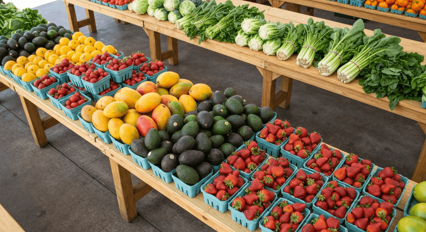 Colorful farmers market produce display at a Southwest Florida outdoor market