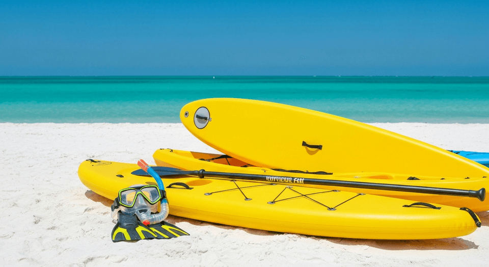 Snorkeling and water sports gear on beach