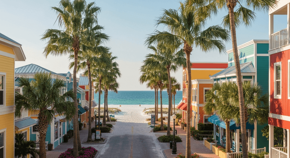 Quaint Florida beach town with colorful buildings