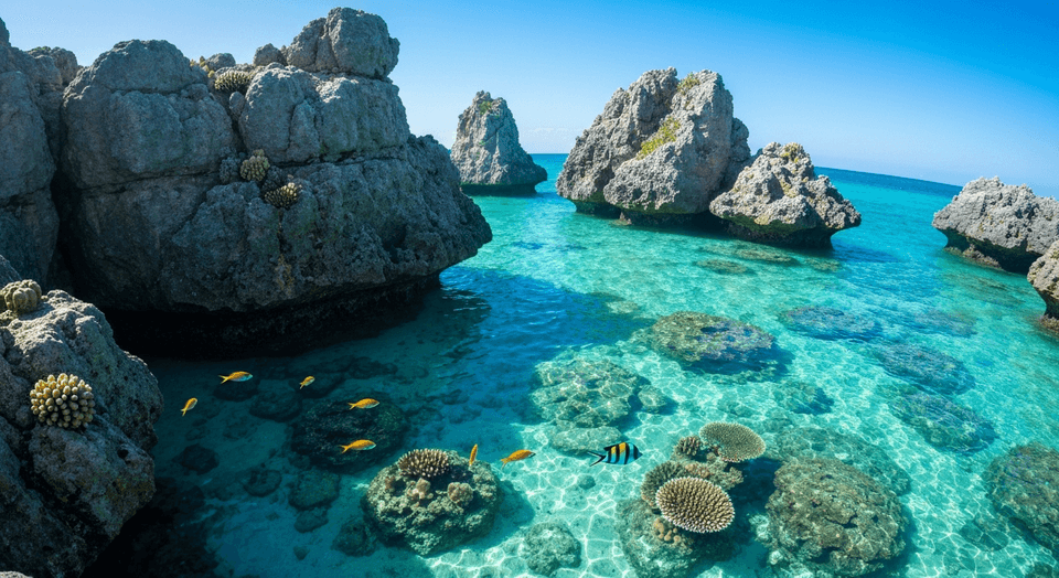 Rocky limestone formations at Point of Rocks on Siesta Key with crystal clear snorkeling waters