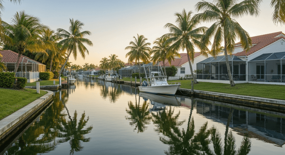 Fishing boat on a Cape Coral Florida canal with palm trees and waterfront homes