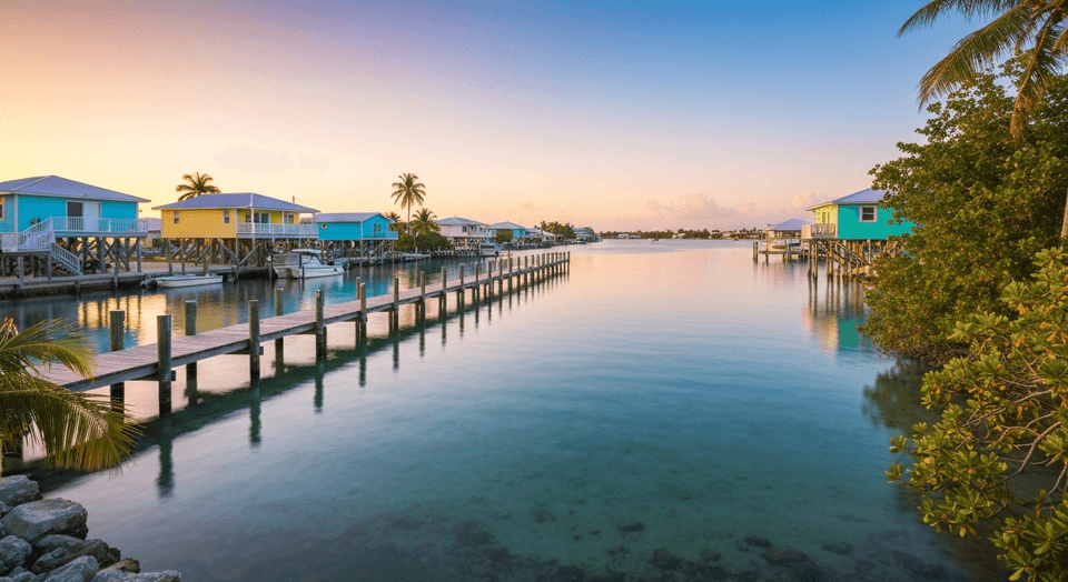 Matlacha Pass Florida with colorful stilt houses and fishing boats
