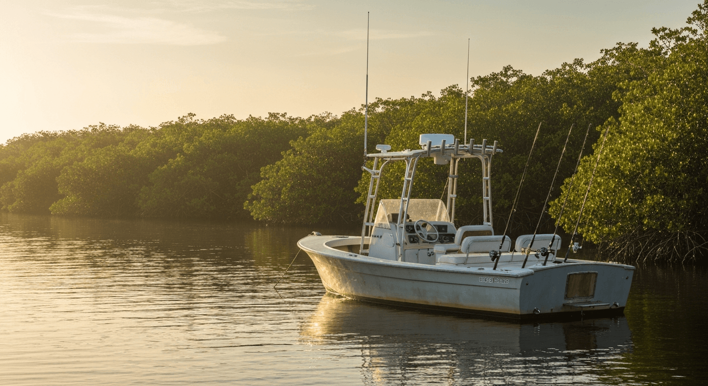 Fishing boat and anglers on the Caloosahatchee River in Fort Myers Florida
