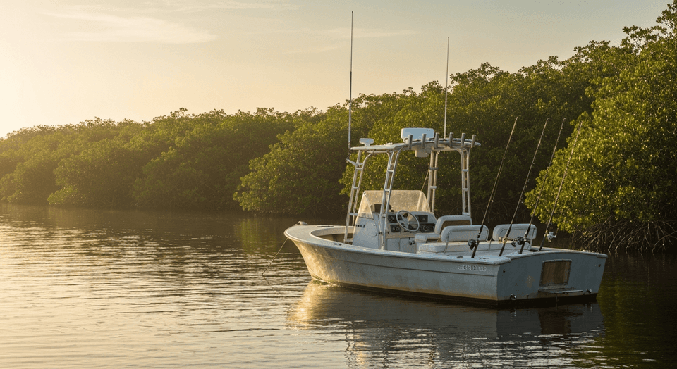 Fishing boat and anglers on the Caloosahatchee River in Fort Myers Florida