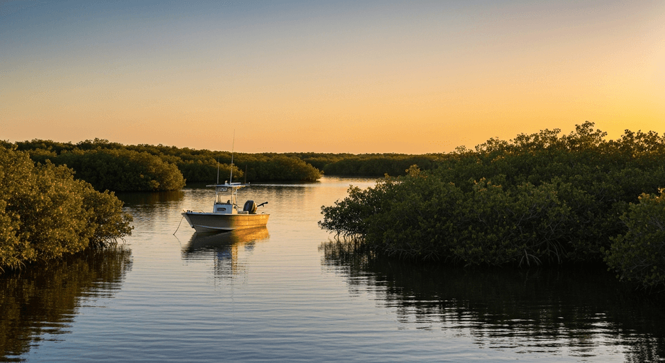 Fishing boat in the Ten Thousand Islands mangrove wilderness near Marco Island Florida at sunrise