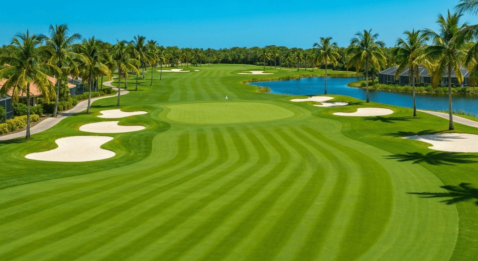 Fort Myers golf course with palm trees, lake, and white sand bunkers