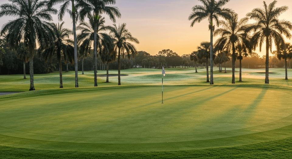 Fort Myers Florida golf course green with palm trees and water hazard at sunrise
