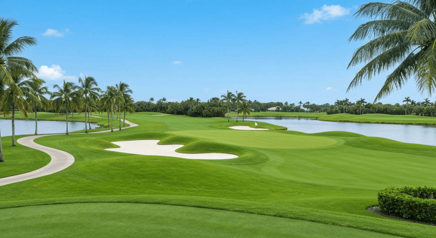 Golf course fairway with palm trees and water hazard in Fort Myers Florida