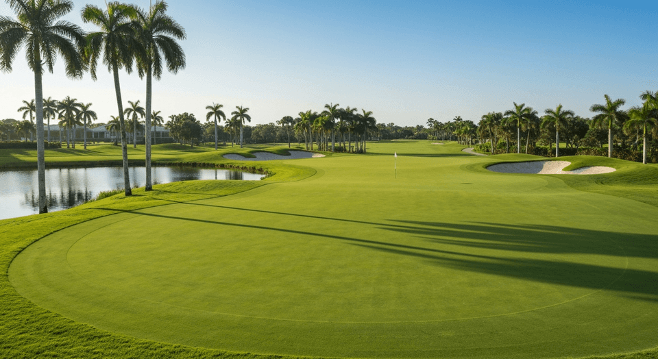 Golfers on a Naples Florida championship course with palm trees and water hazards
