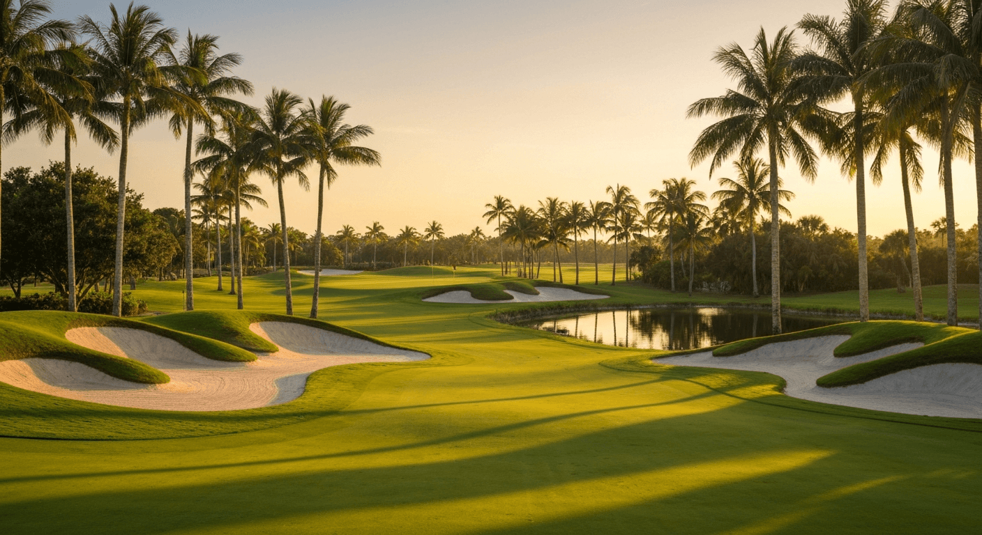 Golf course fairway with palm trees and Gulf views in Naples Florida