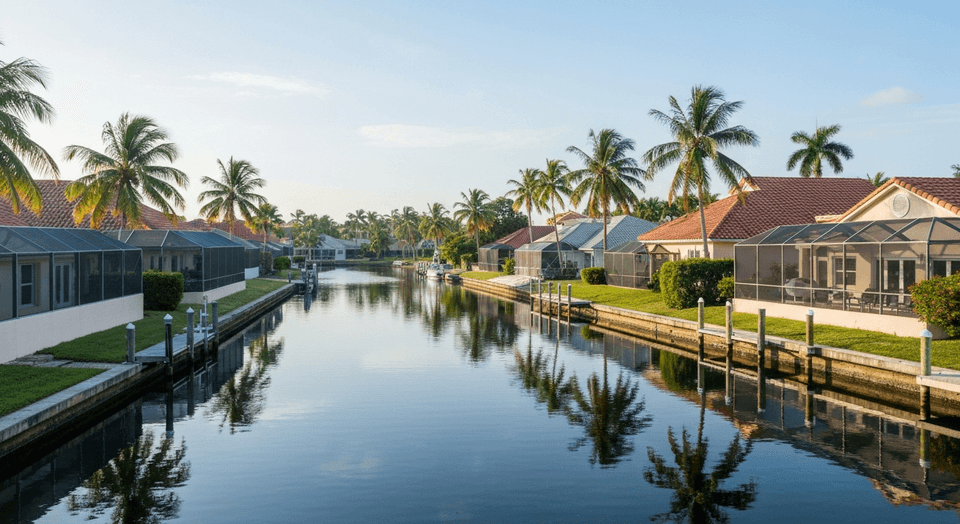 Paddleboarder in calm Cape Coral canal waters with Florida homes in background