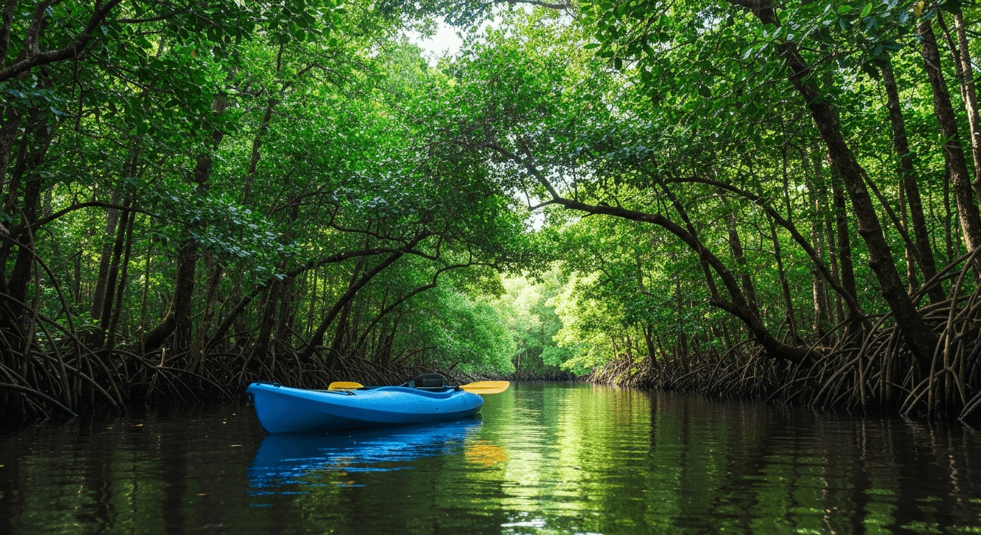 Kayaker paddling through mangrove tunnels in Naples Florida