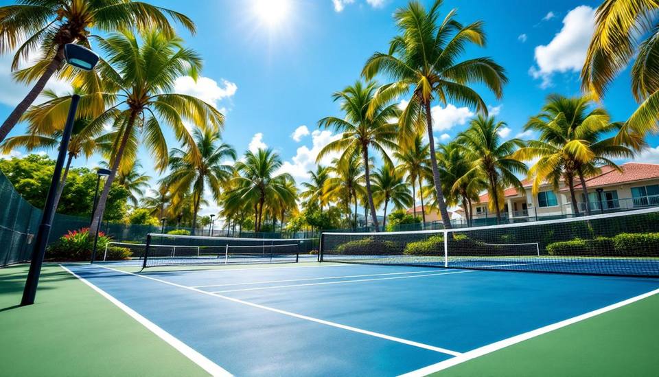 Outdoor pickleball courts on Marco Island Florida with palm trees and blue sky