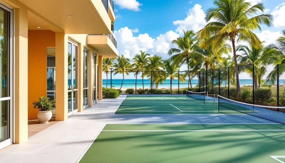 Sarasota hotel with courts and beach in the background