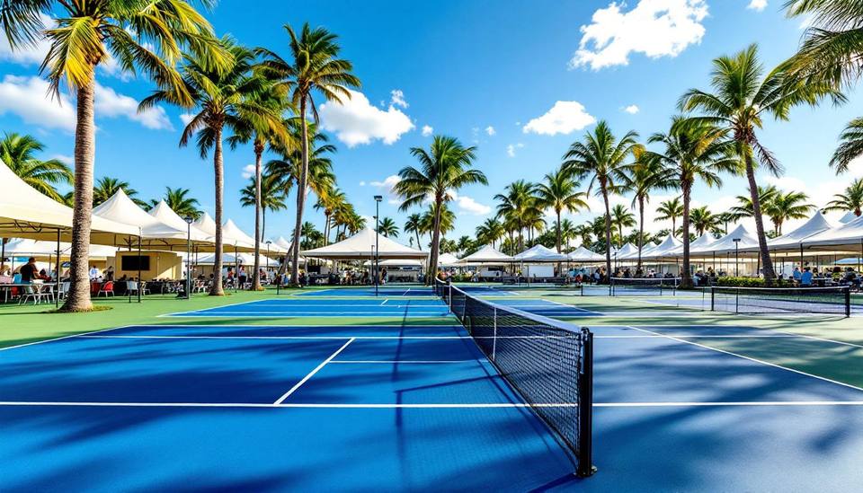 Large outdoor pickleball tournament venue with dozens of courts and shade structures