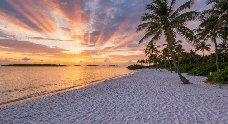 Siesta Key sunset with dolphin and mangrove islands near Sarasota Florida