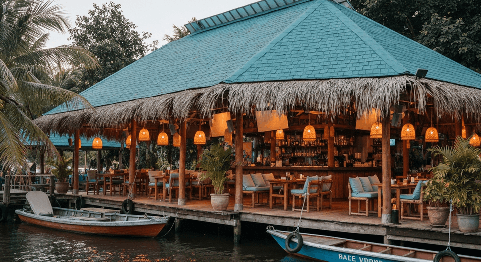 The Boathouse Tiki Bar and Grill open-air tiki huts on the Caloosahatchee River in Cape Coral