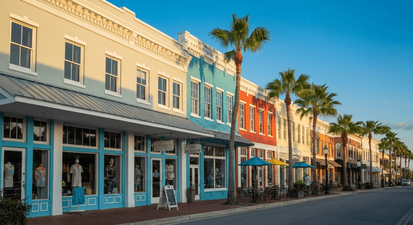 Colorful downtown Punta Gorda Florida street with palm trees and shops along Marion Avenue