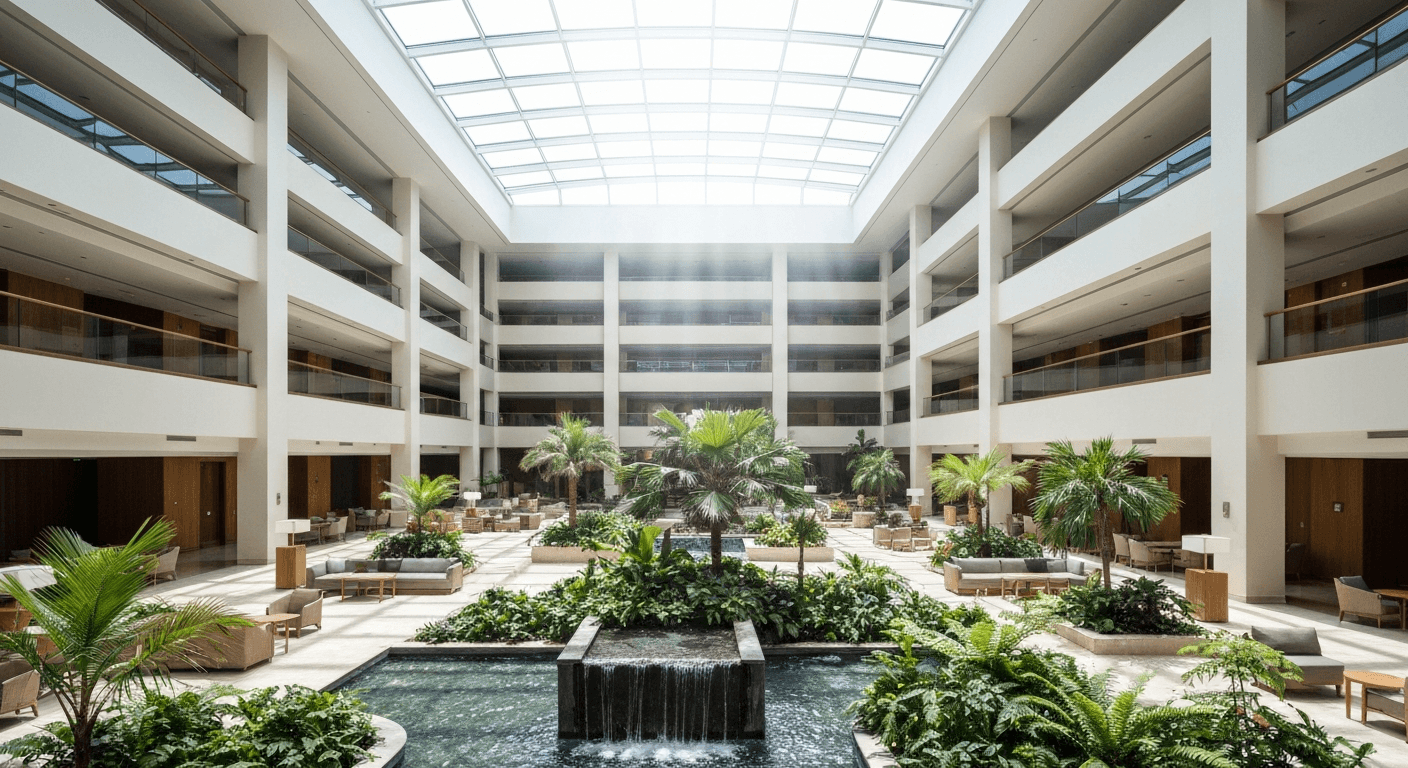 Embassy Suites Fort Myers Estero atrium and Eagles Nest Cafe dining