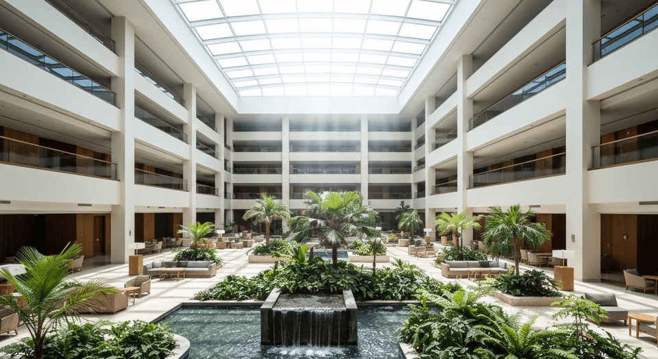 Embassy Suites Fort Myers Estero atrium with waterfall and tropical plantings