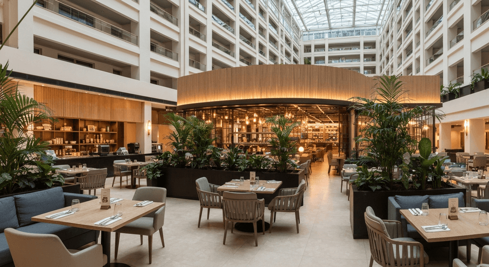 Eagles Nest Cafe dining area with seating overlooking the Embassy Suites atrium
