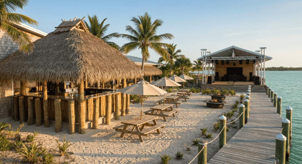 SandBar Tiki and Grille covered outdoor patio steps from Englewood Beach