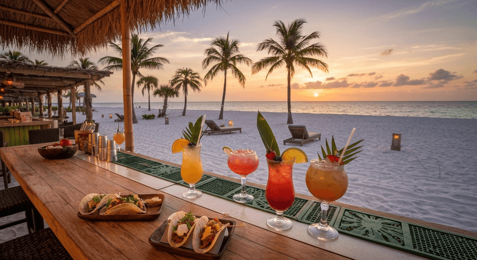 Beachfront sunset bar at Naples Beach Club with tropical cocktails and Gulf views