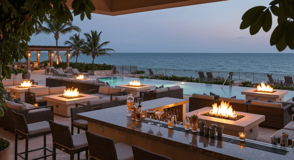 Poolside bar area at Hilton Marco Island with fire pits and Gulf views