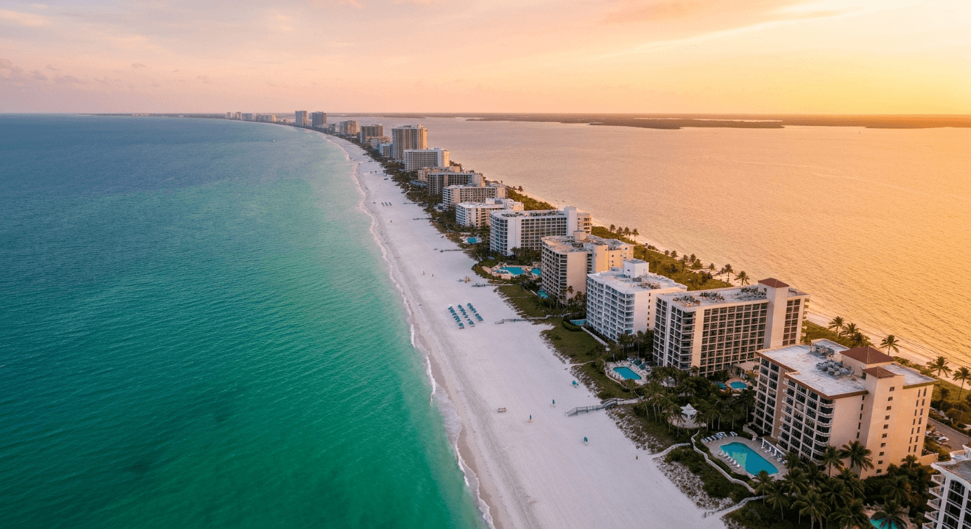 Aerial view of Marco Island beachfront resorts along the Gulf of Mexico shoreline