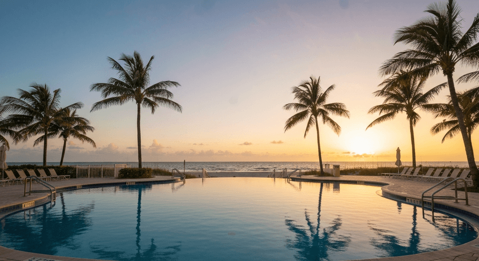 Lovers Key Resort beachfront pool area at sunset on Fort Myers Beach