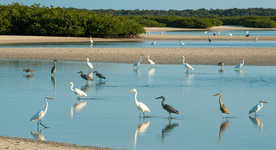 Tidal lagoon and sandy shoreline at Tigertail Beach on Marco Island Florida with calm turquoise water