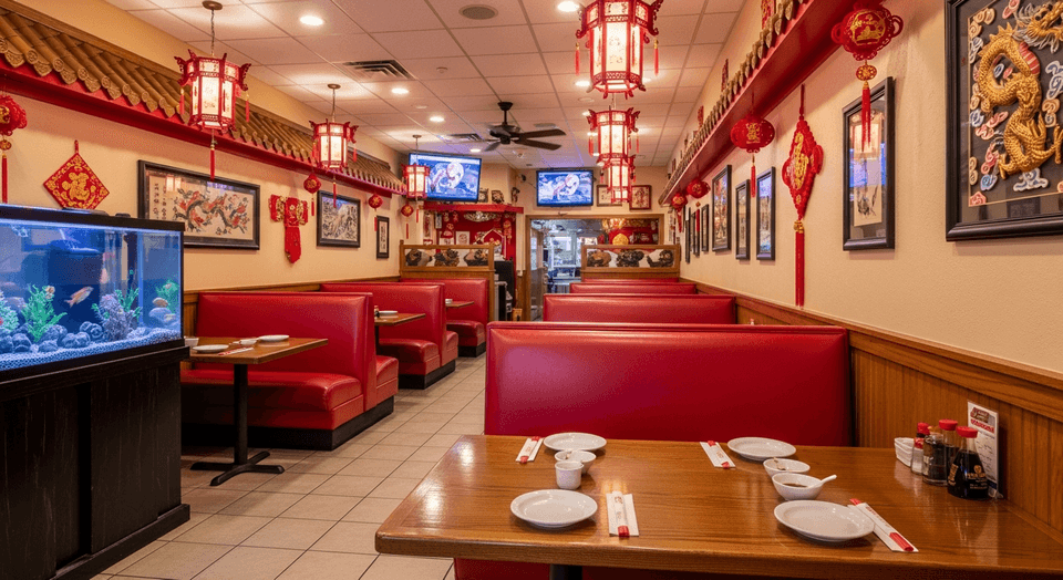 Golden Dragon Chinese restaurant with red and gold decor in North Port
