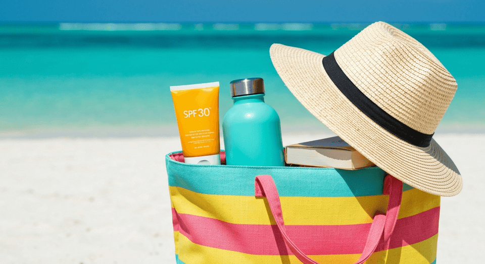 Tropical beach bag packed for Florida vacation