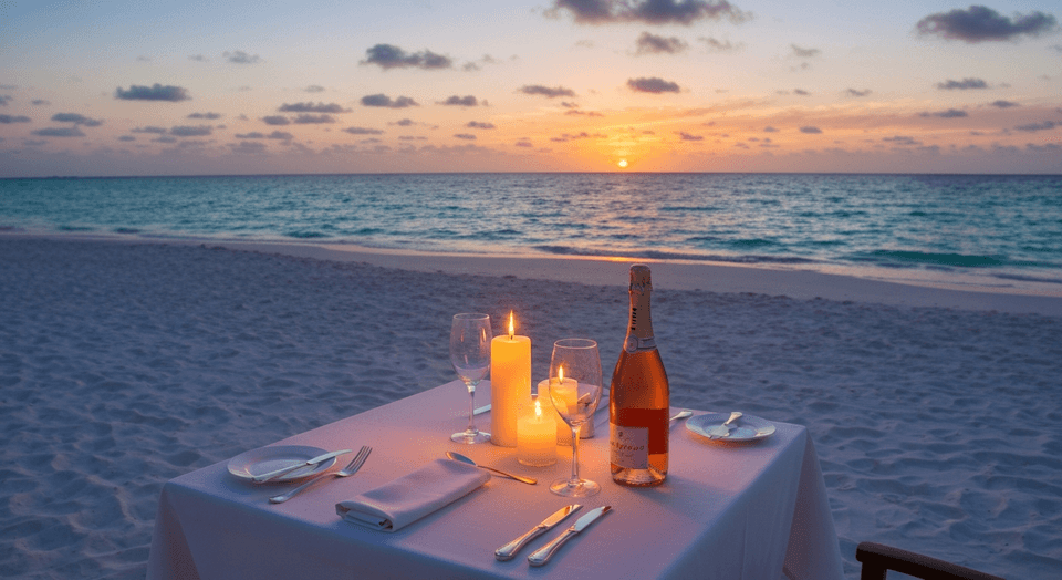 Private dinner on the beach setup with table for two on the sand at sunset at Pink Shell Beach Resort