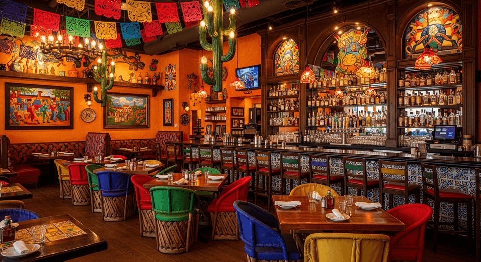 Plaza Mexico vibrant dining room with hand-painted murals and festive papel picado decor in Port Charlotte