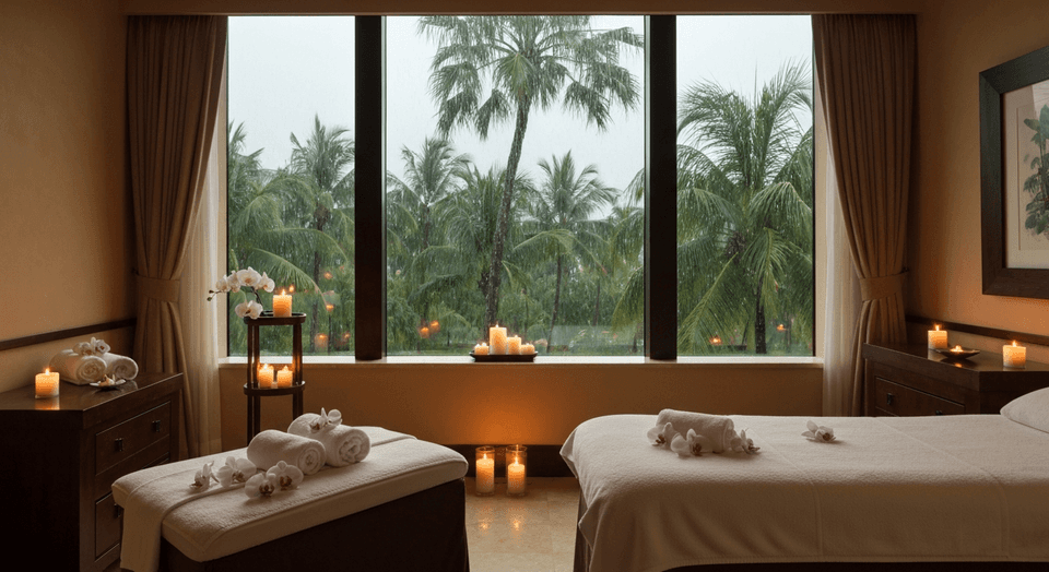 Luxury spa treatment room overlooking rainy Gulf waters in Southwest Florida