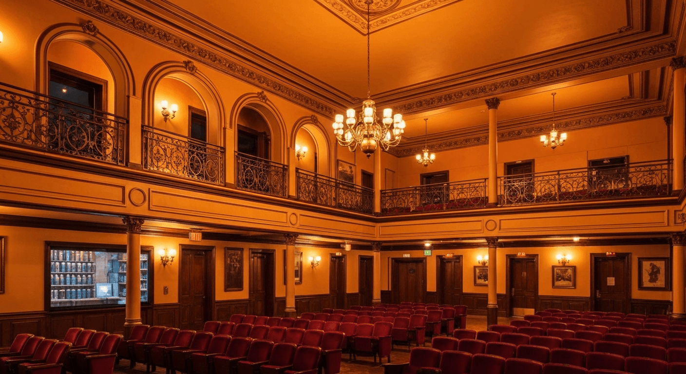 Venice Theatre interior lobby in Venice Florida with show posters and warm lighting