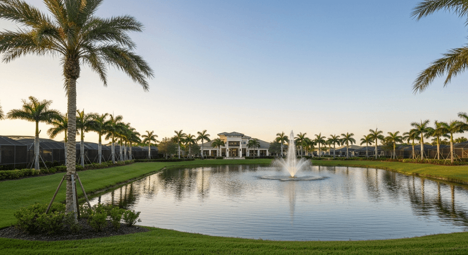 Estero Florida community with lakes and palm trees