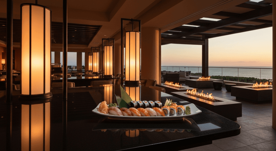 Sophisticated modern sushi bar and lounge with Gulf views at Dusk at The Ritz-Carlton Naples