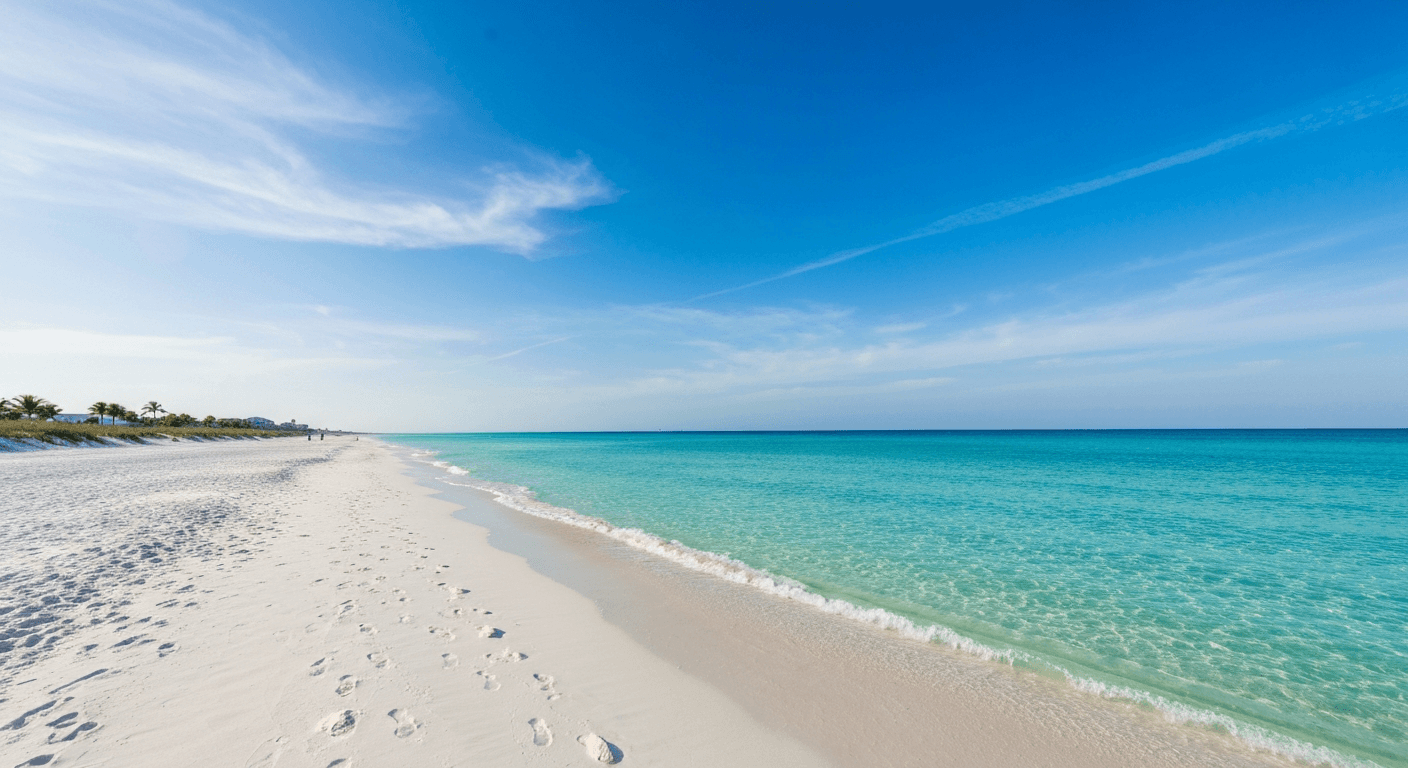 White quartz sand beach at Siesta Key near Sarasota Florida with turquoise Gulf waters