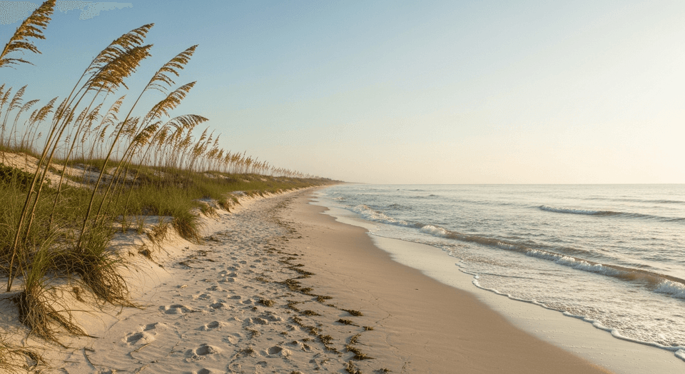 Pristine shoreline along Longboat Key near Sarasota with calm turquoise Gulf waters and white sand