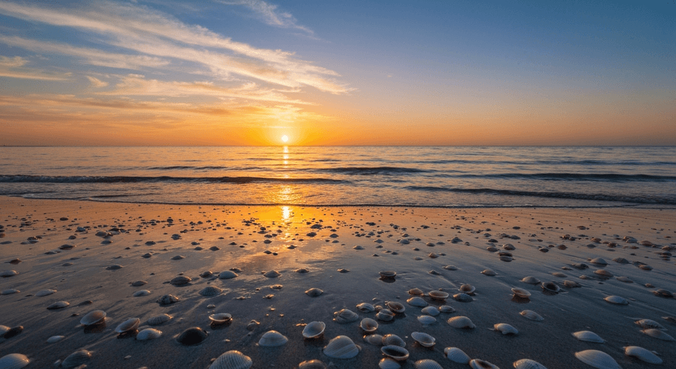 Early morning sunrise over a Sanibel Island beach with shell-covered sand along the waterline
