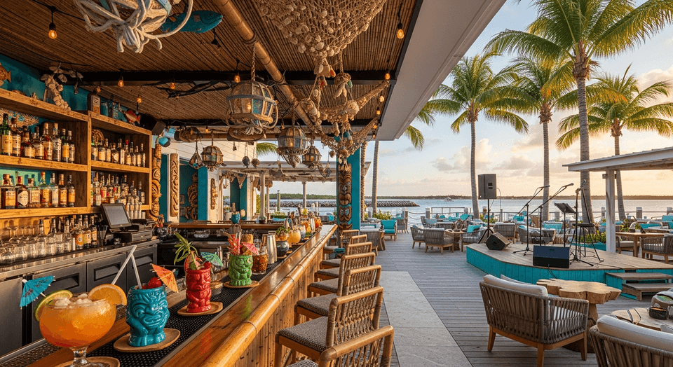 Half Cracked Tiki Shack waterfront tiki bar with string lights and live music at Sunseeker Resort